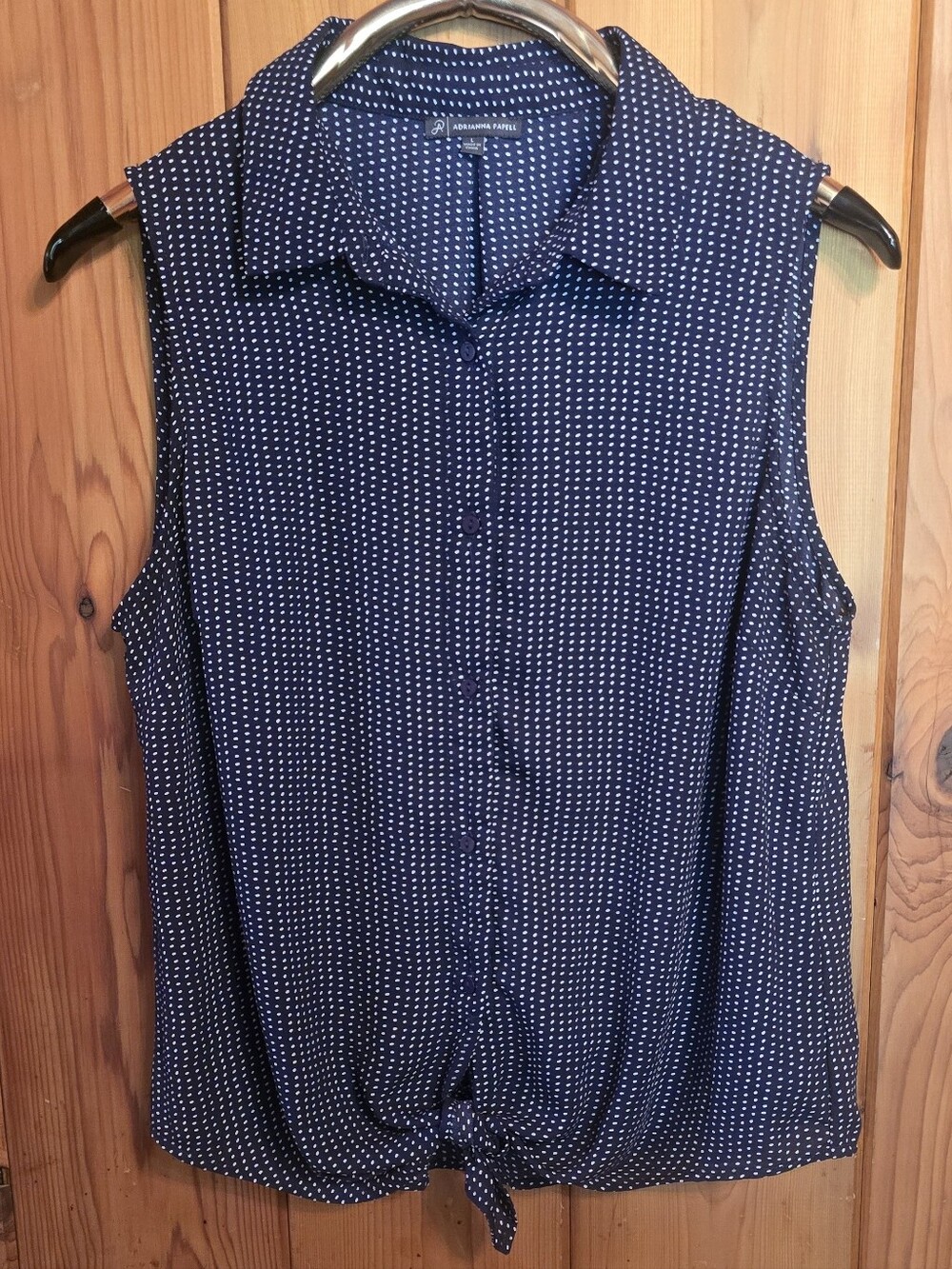 Adrianna Papell Navy and White Polka Dot Tie-Front Sleeveless Blouse